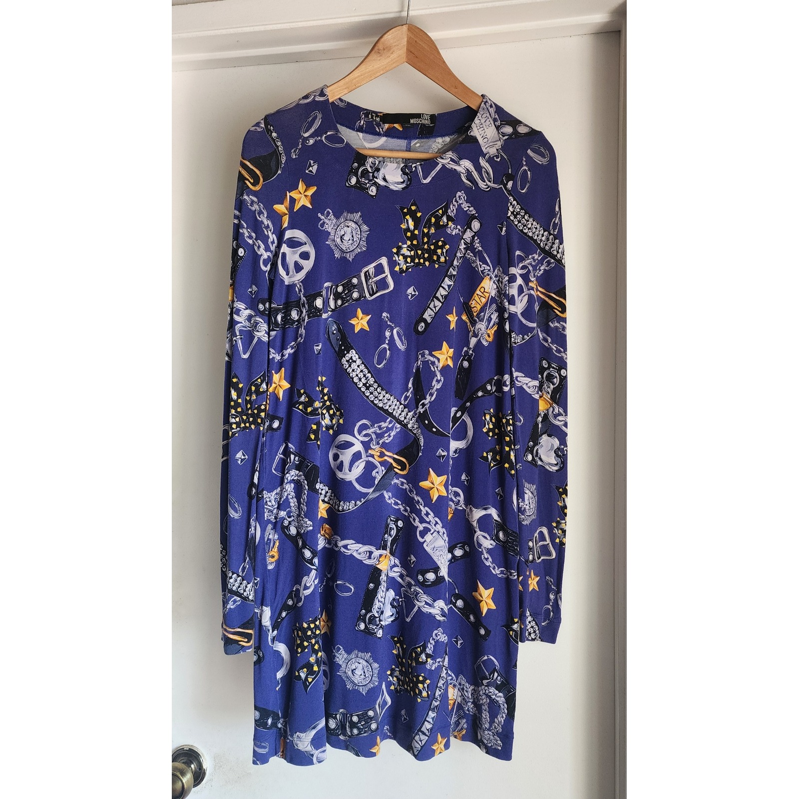 Vtg Love Moschino Print Dress Blue Long Sleeve Chain Buckle Star Designer Sz 4